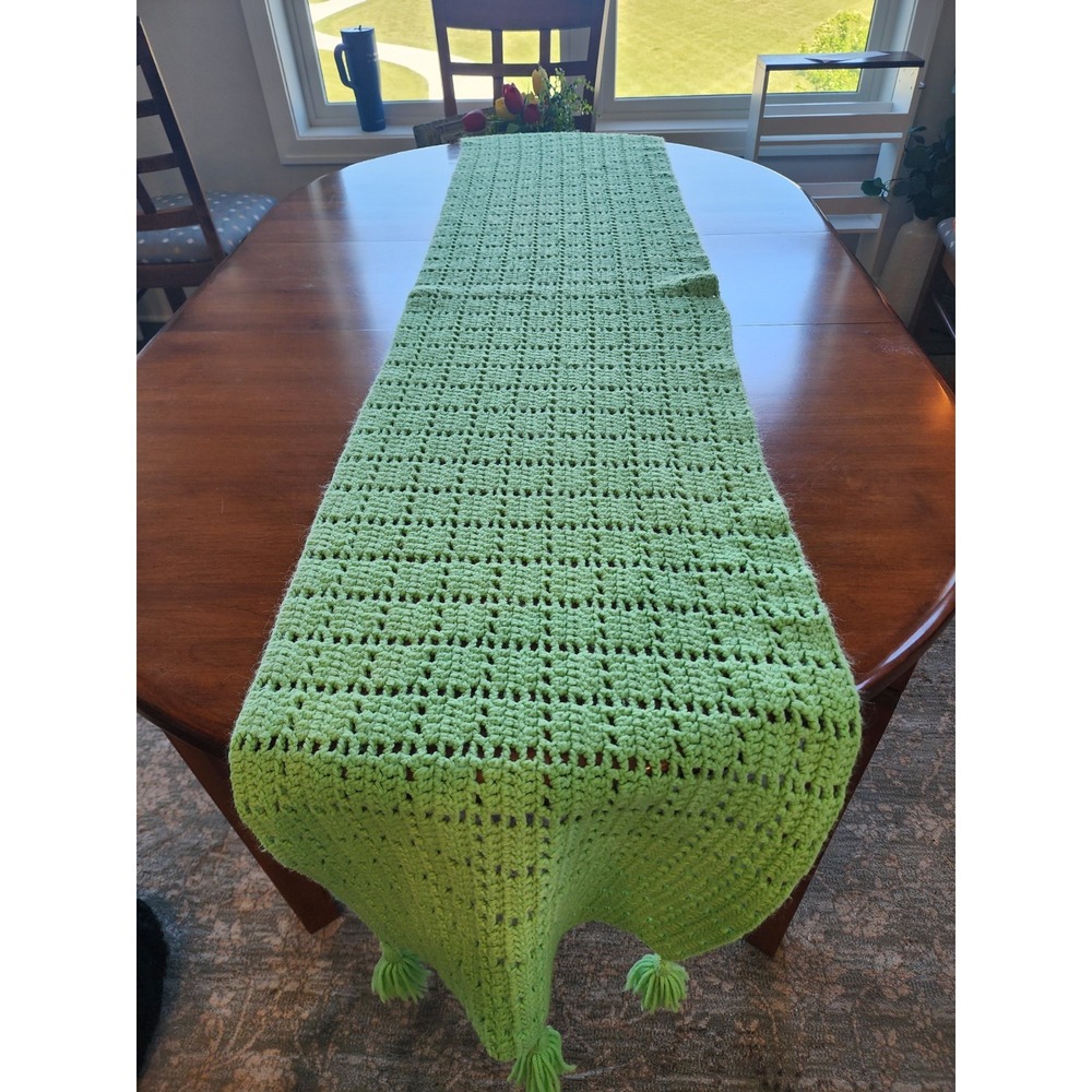 17" X 80" Hand Crochet Light Green Table Runner Dresser Scarf Vintage